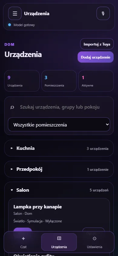 Mobilny widok panelu Navo z urządzeniami