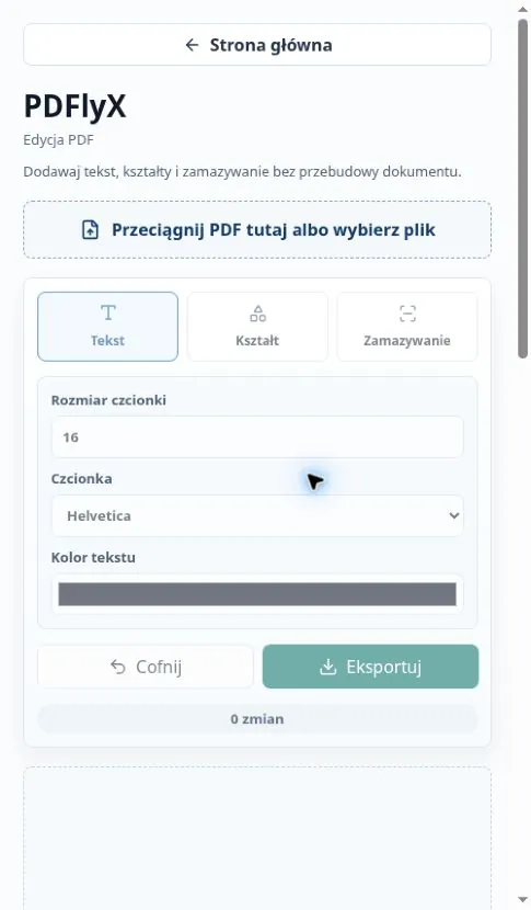 Panel edycji PDF przed wczytaniem dokumentu, z narzędziami tekstu, kształtów i zamazywania