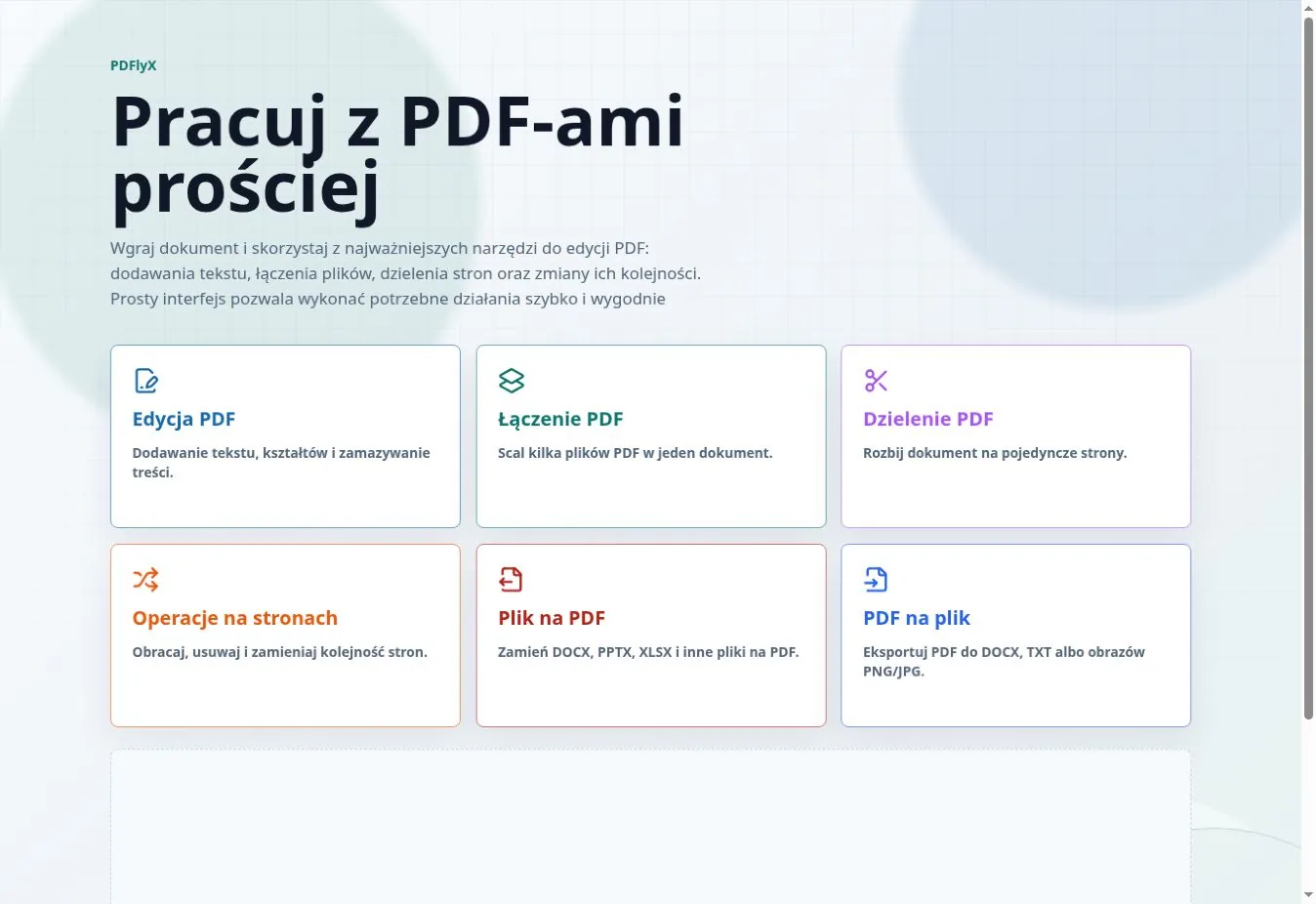 Strona główna PDFlyX z sześcioma narzędziami do pracy z dokumentami PDF